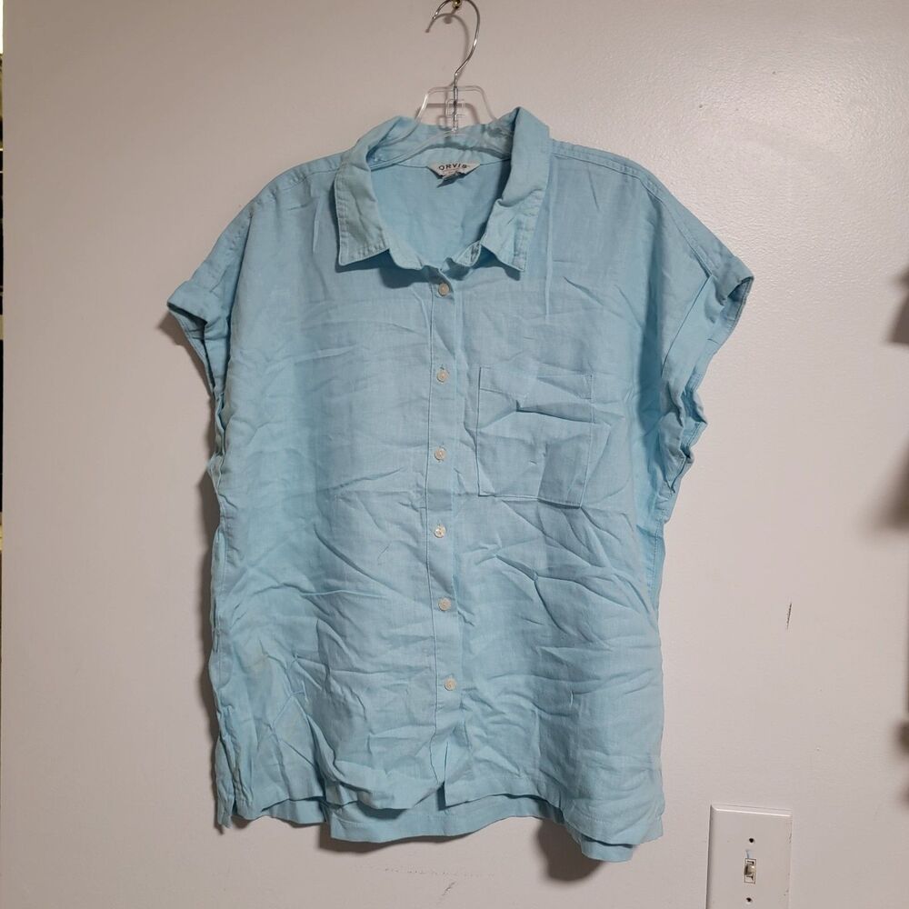 Orvis Women Large 100% Linen Button Front Shirt Light Blue Short Sleeve